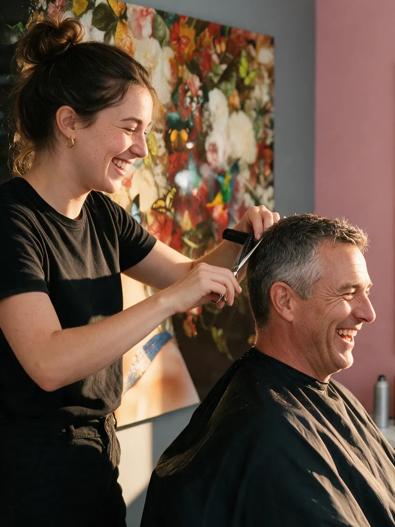Friseurin schneidet einem lachenden Kunden die Haare